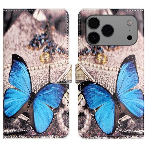 iPhone 17 Pro Plånboksfodral Pattern Print Konstläder - Blå Fjäril Blå