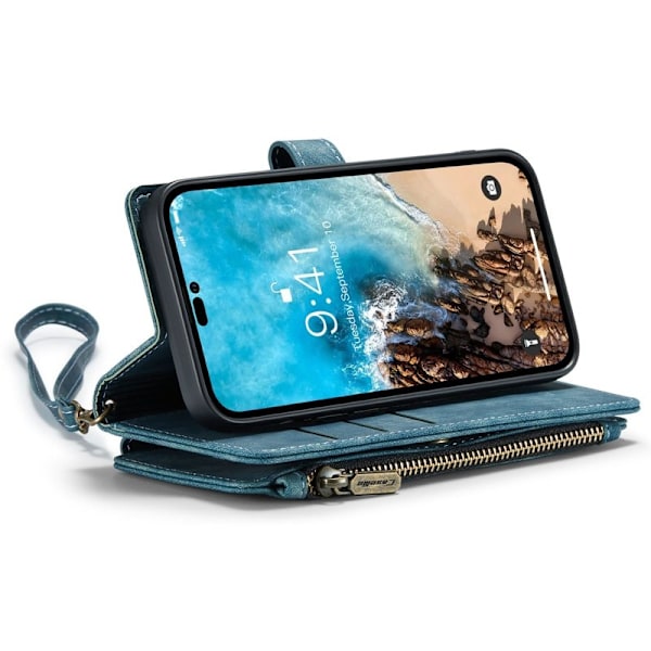 CASEME Konstläder Plånboksfodral för iPhone 14 Pro Max med rem - Blå