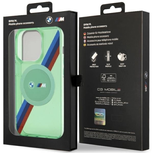 BMW iPhone 15 Pro Mobiltaske Magsafe M Tricolor Stripes - Grøn