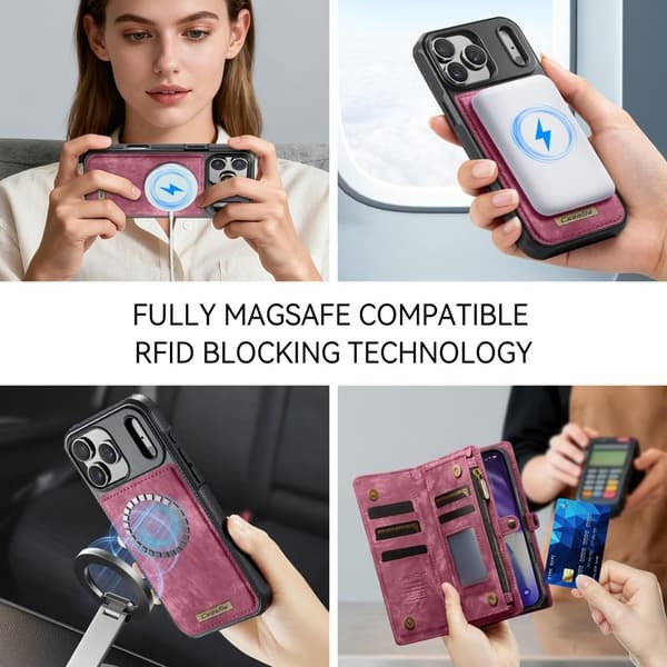CASEME 008 iPhone 17 Pro Max Plånboksfodral Konstläder med Röd