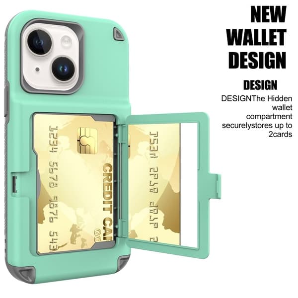 iPhone 14 Plus Skal Korthållare Mirror Kickstand - Grön