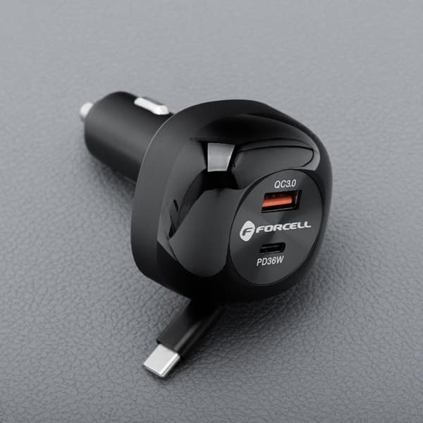 Forcell biloplader 75W USB-C til USB-A PD QC udtrækkeligt kabel Vit