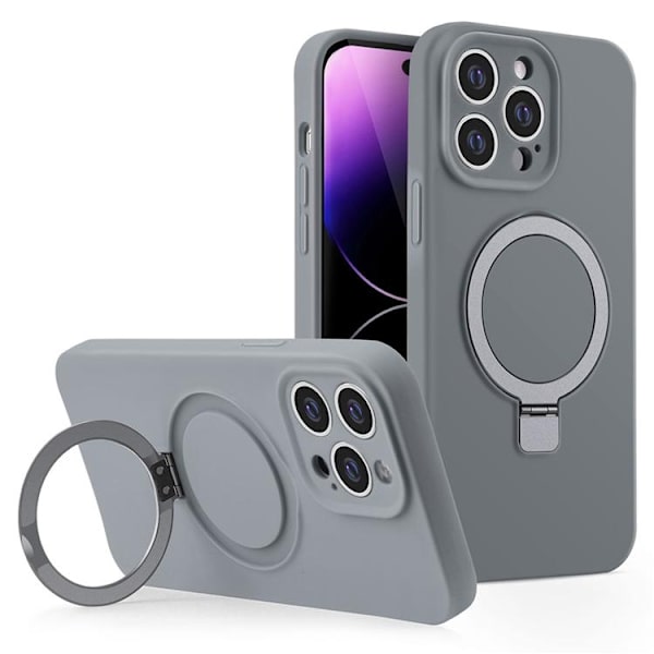 Mobilskal för iPhone 15 Pro Max Liquid Silikon Magnetisk Kickstand - Grå Grå