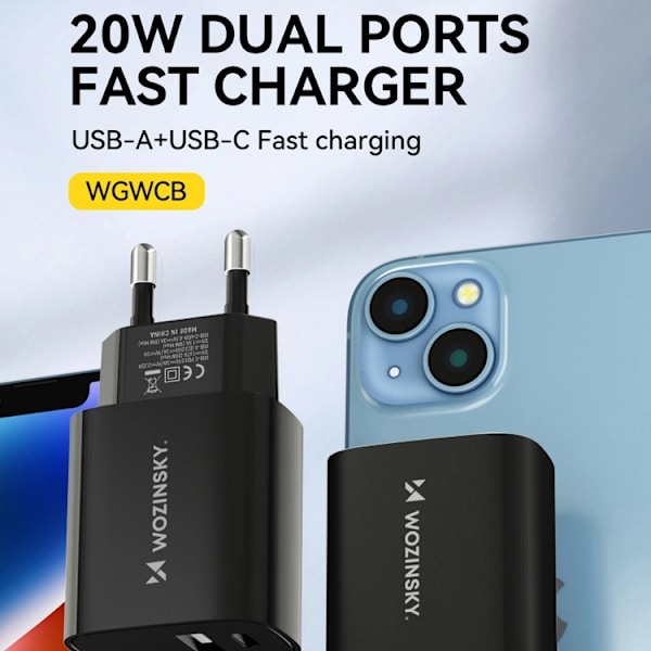 Wozinsky USB-A USB-C 20W Väggladdare - Svart