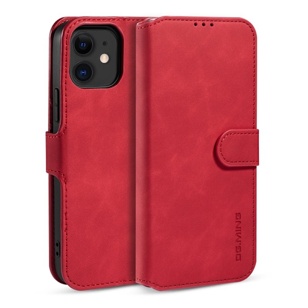 DG.MING Retro Plånboksfodral Konstläder för iPhone 12 mini - Röd