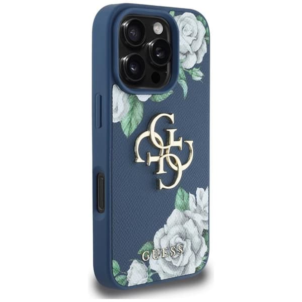 Guess Mobilskal till iPhone 16 Pro Grained Roses Big 4G logo - Blå