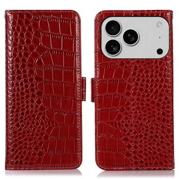 iPhone 17 Pro Max Plånboksfodral Äkta läder Crocodile Röd