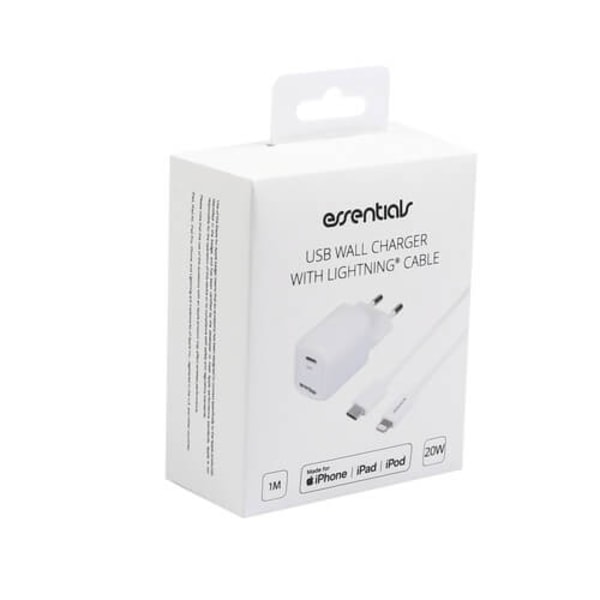 Essentials Wall Charger, PD, 20W, USB-C Light. Kabel, MFi, 1m, Vit Vit