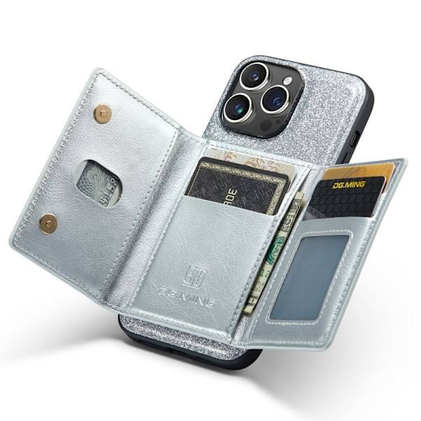 DG.MING M3 Series iPhone 15 Pro Plånboksfodral Glittery Konstläder Silver