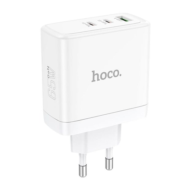 Hoco Väggladdare 2 x Type C + USB A 65W GaN - Vit