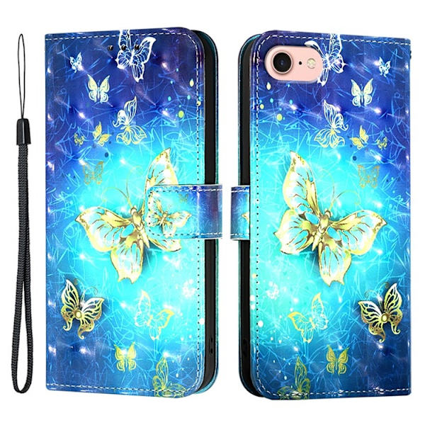 iPhone 16e Plånboksfodral Printing Pattern Med Rem Blå