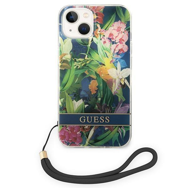GUESS iPhone 14 Plus -kotelon kukkahihna - sininen