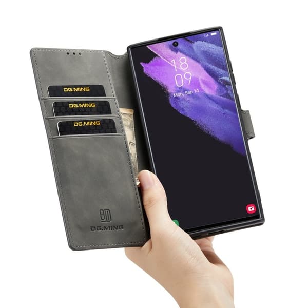 DG.MING Retro KonstLäder Wallet Mobilskal för Samsung Galaxy S22 Ultra - Grå