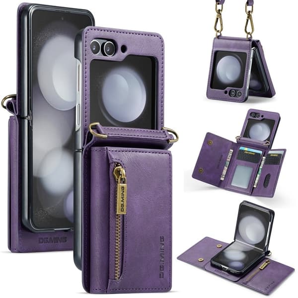 DG.MING Samsung Galaxy Z Flip5 Konstläder Plånboksfodral Lila