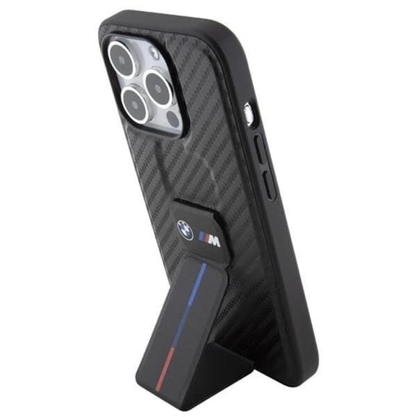 BMW iPhone 15 Pro -puhelinkuori Grip Stand Smooth & Carbon - Musta Black