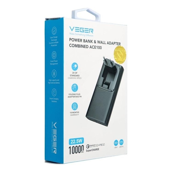 VEGER Powerbank 10000 mAh PD QC 3.0 20W ACE100 - Svart