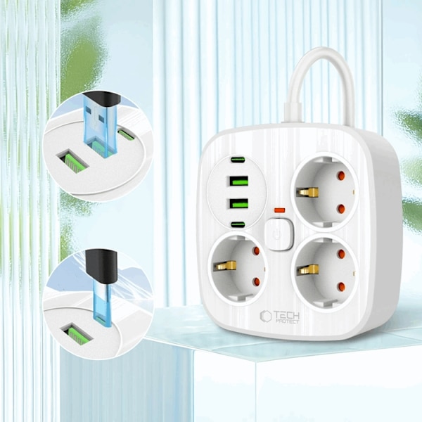 Tech-Protect Grenuttag PCS3X4 2 USB & 2 Typ-C & 3 Socket 2m Vit