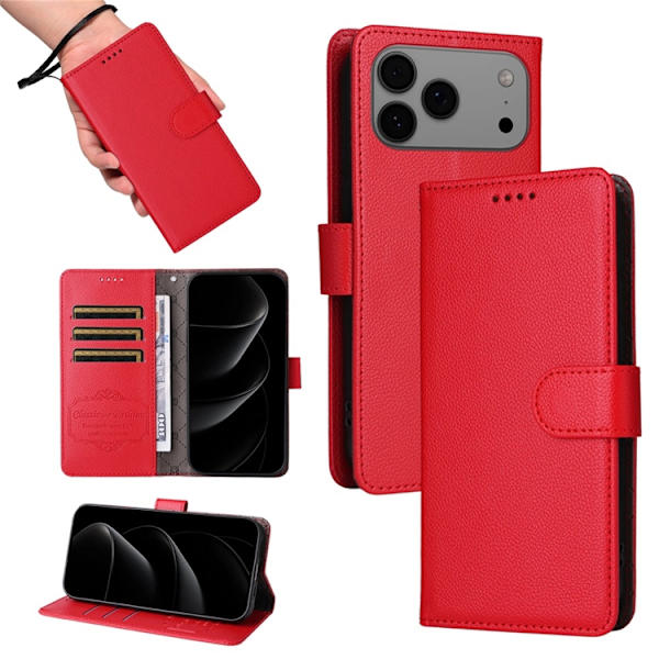 iPhone 17 Pro Max Plånboksfodral RFID Blocking med Handledsrem Röd