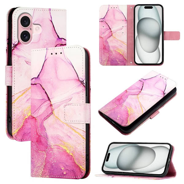 iPhone 16 Plus Plånboksfodral Marble Pattern med Rem LS001 Rosa