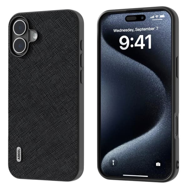ABEEL Mobilskal till iPhone 16 Plus Äkta Läder Hybrid Svart