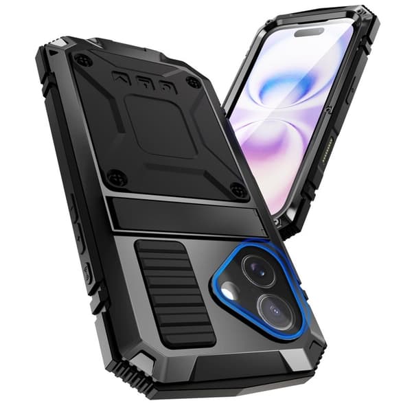 R-JUST Mobilskal till iPhone 17 PC + Silikon + Metall Ställ - Svart