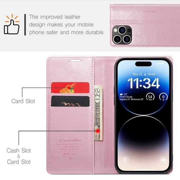 CASEME 003 Plånboksfodral Konstläder iPhone 14 Pro Max Stöd Rosa