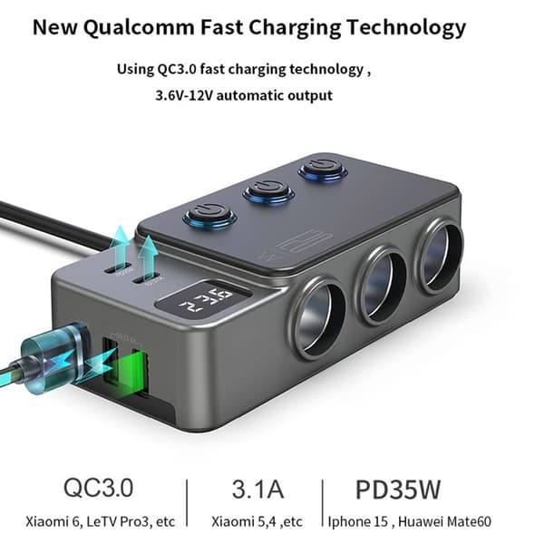 3in1 Billaddare 35W 3x USB-A/2x USB-C Cigarette Adapter 120W Svart