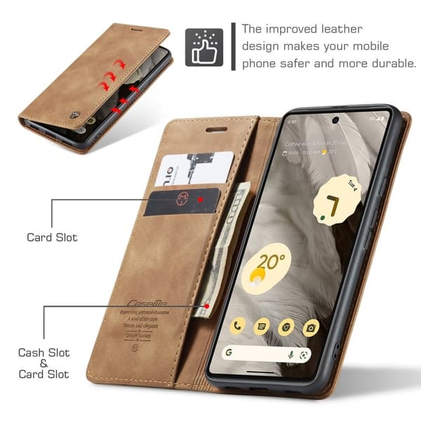 CASEME 013 Series Mobilskal till Google Pixel 7a Kortfack Ställ Konstläder Brun