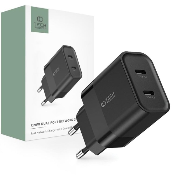 Tech-Protect 2-Port Väggladdare USB-C PD20W - Svart