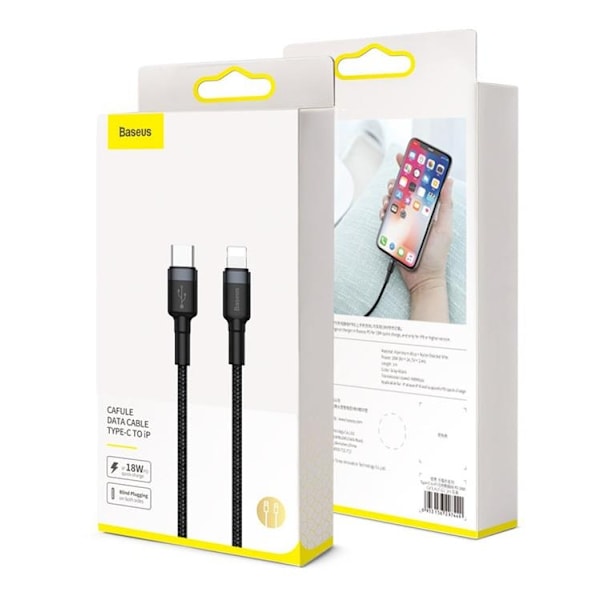Baseus punottu USB-C Lightning -kaapeli 18W 1m - Musta/Harmaa Black