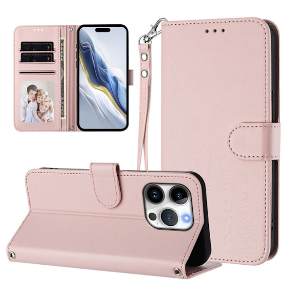 iPhone 16 Pro Max Plånboksfodral Läder med Handledsrem - Rosa Rosa