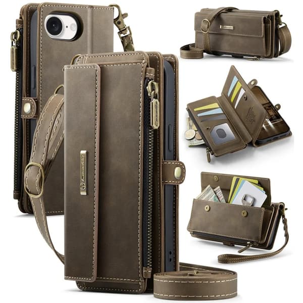 Caseme iPhone 16e Konstläder Plånboksfodral RFID-Skydd Zipper - Brun Brun