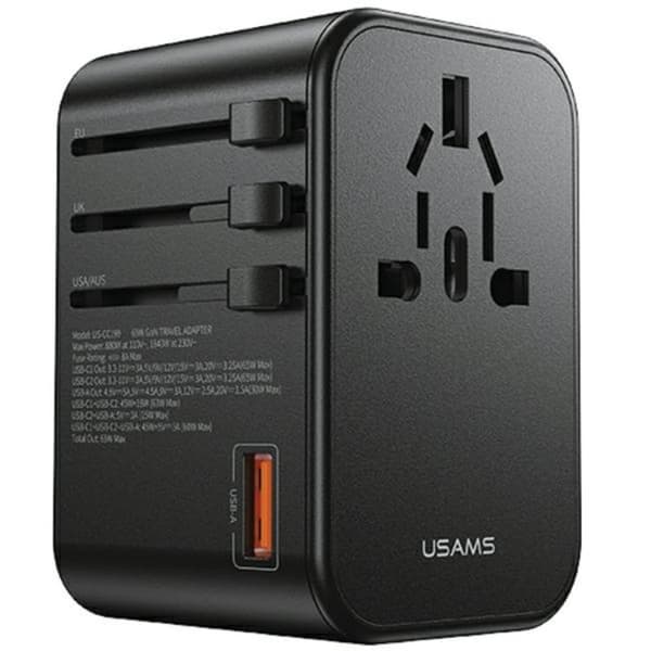 USAMS Rejseopladeradapter 65W 2x USB-C 1xUSB US/AU/EU/UK T62 Svart