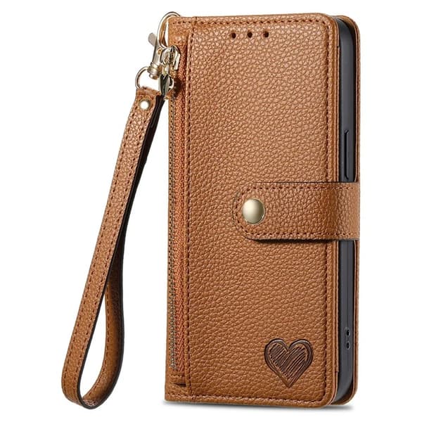 iPhone 17 Pro Max Konstläder Plånboksfodral RFID-Skydd Zipper med rem - Brun Brun
