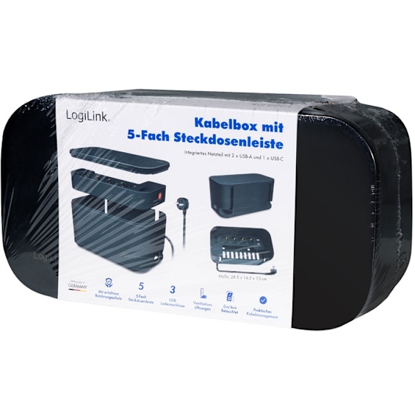 LogiLink Cable box - Kabelgömma med grenuttag + USB-A/USB-C-laddning Svart Svart