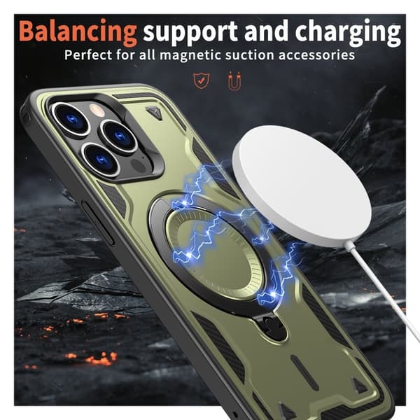 iPhone 15 Pro Max Skal Plast Militärskydd Kickstand - Olive Green