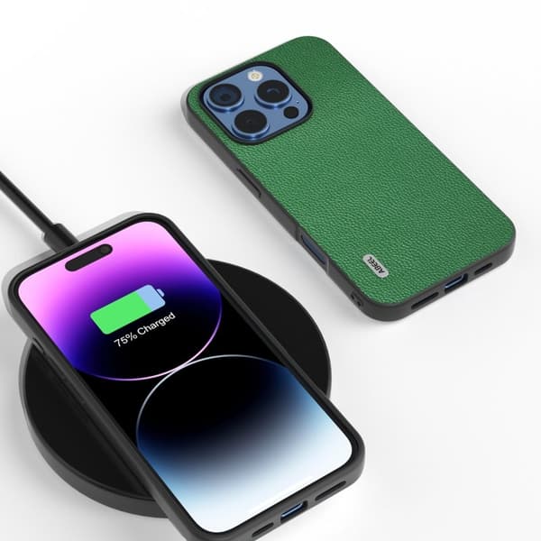 ABEEL Mobilskal till iPhone 16 Pro Litchi Textur Äkta Läder Grön