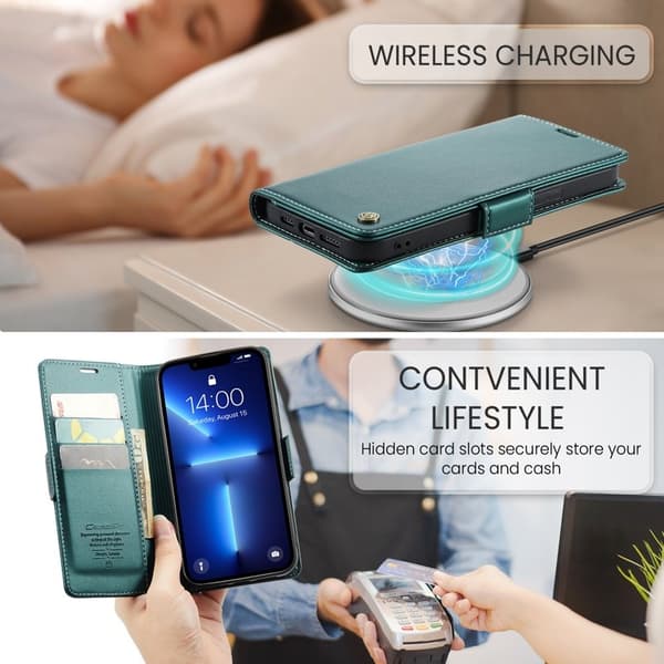 CASEME Plånboksfodral Konstläder iPhone 13 Pro Max RFID-Skydd Grön