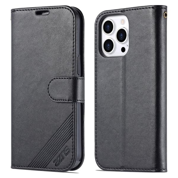 AZNS iPhone 15 Pro Plånboksfodral i Konstläder - Full Skydd - Svart