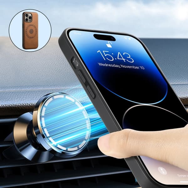 DENIOR D13 Mobilskal till iPhone 16 Pro Max Äkta Läder Kortfack - Brun