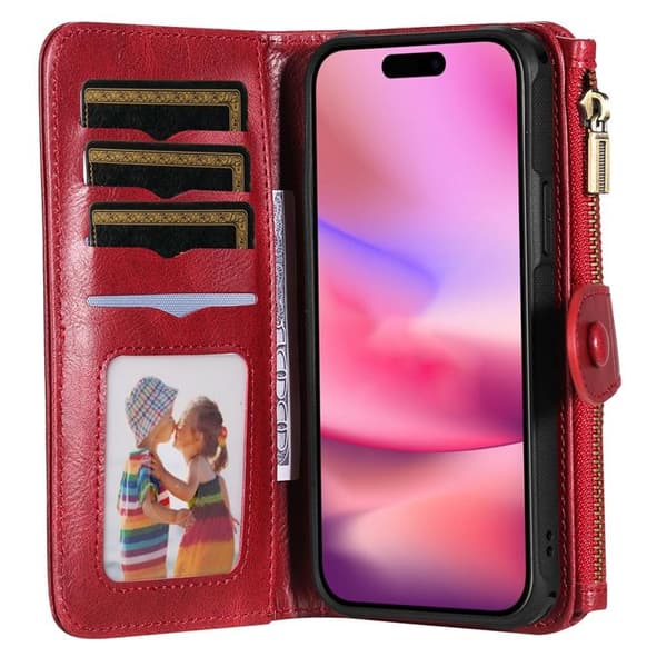 iPhone 17 Konstläder Plånboksfodral Detachable Zipper - Röd Röd