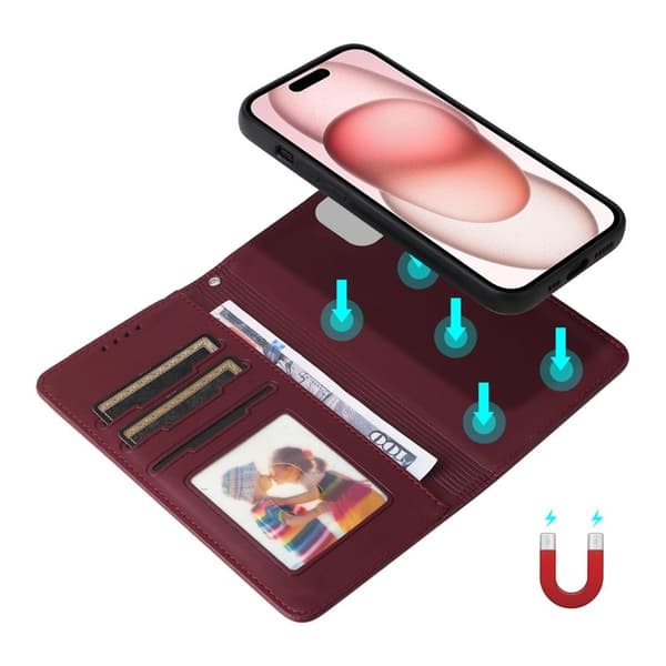 BETOPNICE iPhone 15 Plånboksfodral Magnetiskt Detachable Konstläder - Vinröd