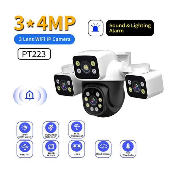ESCAM WiFi-Säkerhetskamera 3 x 4MP Objektiv Rörelsedetekteringslarm - EU-kontakt Vit