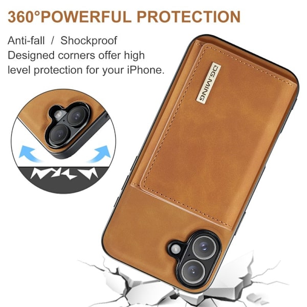 DG.MING M1 Series Mobilskal till iPhone 16 Plus Kickstand PU - Brun