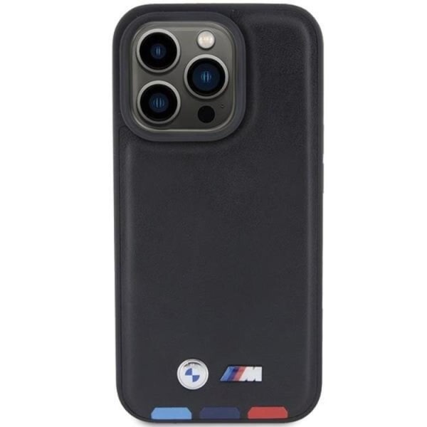 BMW iPhone 15 Pro matkapuhelimen suojakuori, nahkainen leima, kolmivärinen - musta