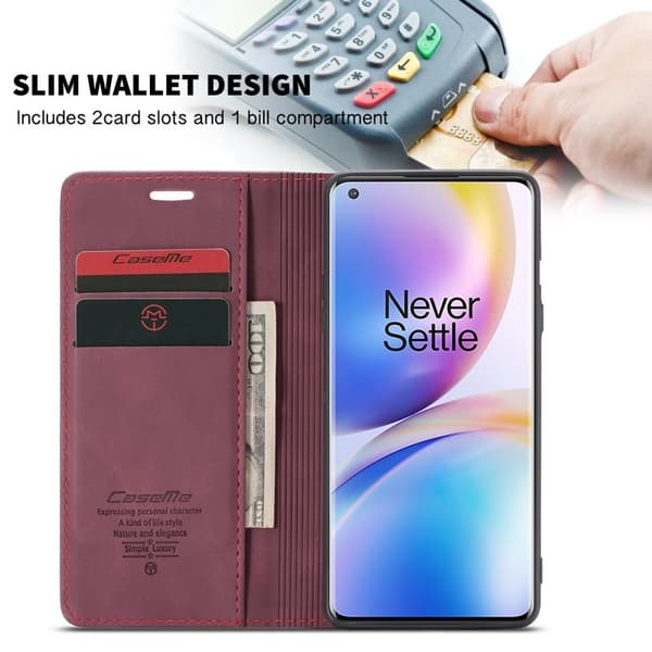 CASEME Series Plånboksfodral Konstläder för OnePlus 8 Pro - Vinröd