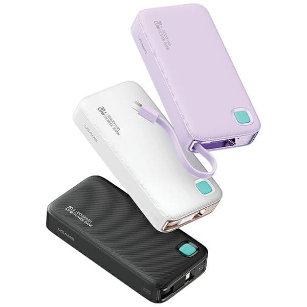 USAMS Powerbank 10000mAh 20W Med USB-C Kabel Retractable - Vit Vit