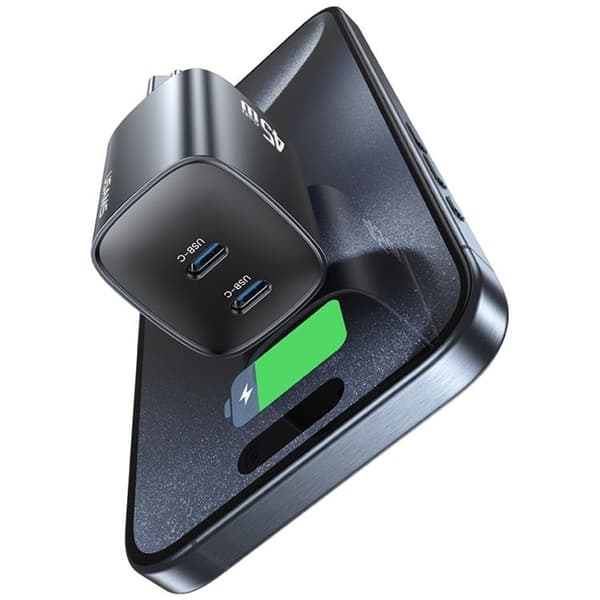 USAMS hurtigoplader 45W 2xUSB-C GaN - plettet Svart