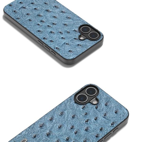 ABEEL Mobilskal till iPhone 16 Plus Ostrich Textur Äkta Läder Blå