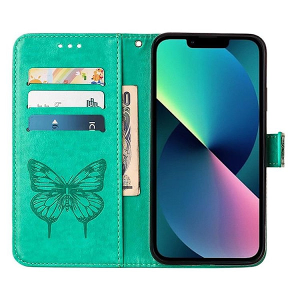 iPhone 14 Plus Plånboksfodral Butterfly Flower Imprinted - Grön